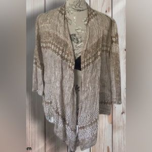 🐚 Chicos Boho Tan Ivory Part Crochet, Part Linen Open Handkerchief Tie Hem 2, L